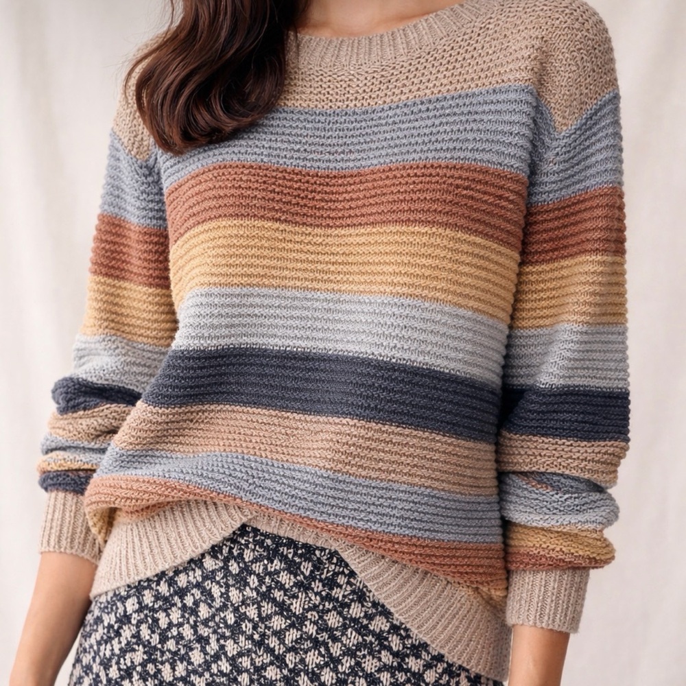 Knox Rose Women's Striped Sweater - Blue, Brown, Tan